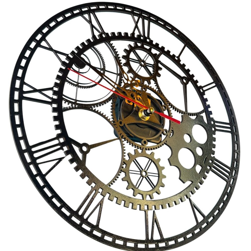 Industrial Gear Wall Clock, Large Roman Numeral Design, Vintage Steampunk Style